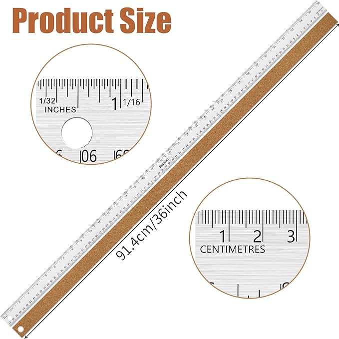 2PCS 36 Inch Metal Ruler, Stainless Steel Straight Edge Ruler with Cork Backing, Non-Slip Imperial & Metric Measuring Tool for School, Office, Woodworking, Drafting