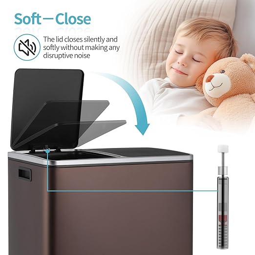 16 Gallon Rectangular Stainless Steel Trash Can, Dual Compartment Garbage Bin with Recycling Combo, Metal Dustbin Lid, Removable Liner, Indoor Hands Free Waste Bucket for Kitchen Home