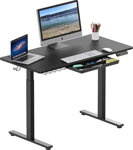 SHW 48-Inch Electric Height Adjustable Standing Desk with Drawer, Memory Preset and Cable Management Tray, Black