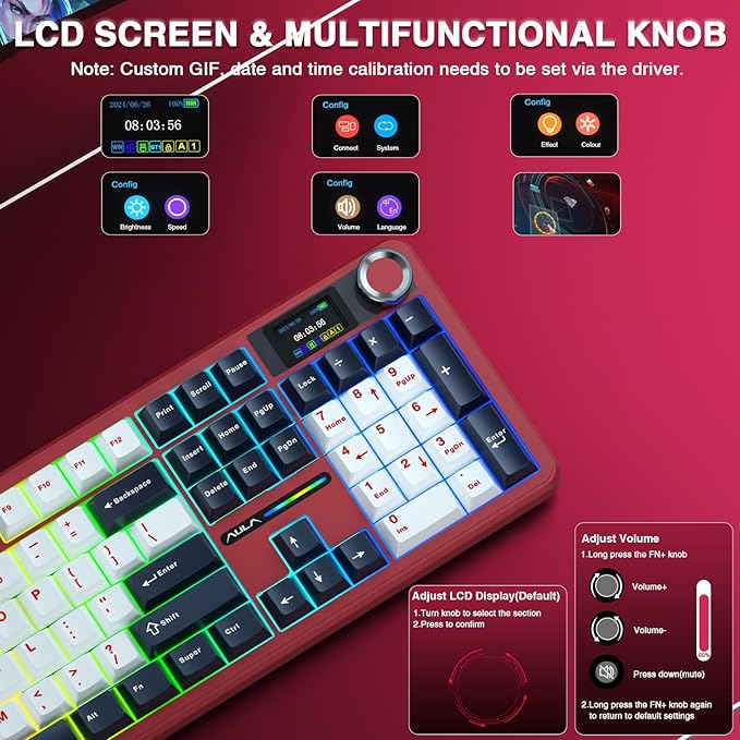 AULA F108 PRO - Wireless Mechanical Keyboard with Screen&Knob,Hot Swappable Gaming Keyboard with 8000mAh Battery,Pre-lubed Switches,RGB Backlit,PBT Keycaps Creamy Sounding Computer Keyboards,104 Keys