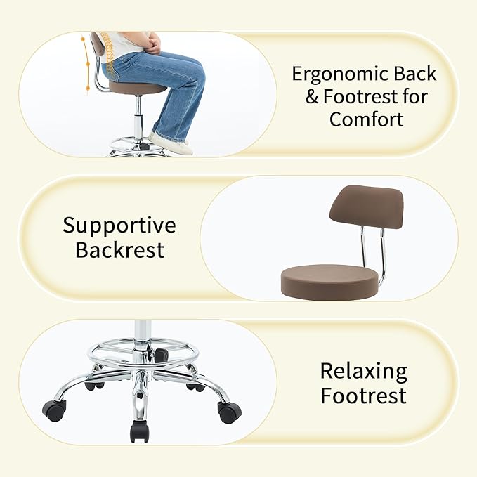 Salon Rolling Chair, Adjustable Stool with Footrest and Back 19.5’’-26.6’’,Coffee Brown Massage Stools with Wheels (Coffee Brown)