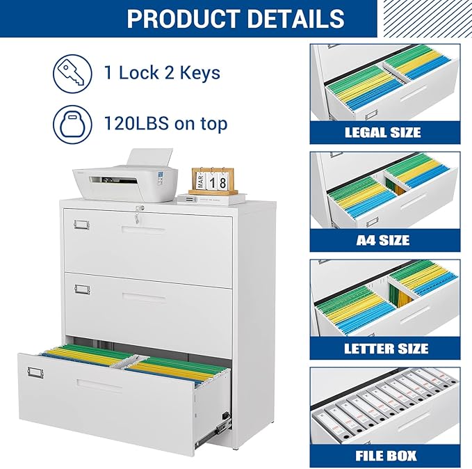 Lateral File Cabinet with Lock, 3 Drawer Large Metal Filing Cabinet,Home Office Lockable Storage Cabinet for Hanging Files Letter/Legal/F4/A4 Size-Assembly Required