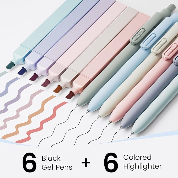 JIMMIDDA- 12 Pack Gel Pens, 0.7mm Black Ink Fine Point Smooth Writing with Aesthetic Highlighters, Quick-dry Long-lasting Pens Set for Journaling School Office Supplies(6 Pens + 6 Highlighters)
