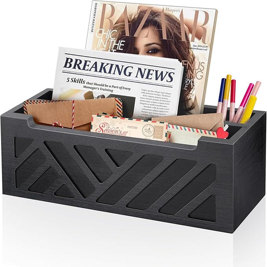 Mail Organizer Mail Holder Countertop with 2 Slots, Wood Mail Basket for Wall Table Desk, Envelope Bill Holder for Home Office Decor (Black-2)