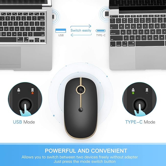 VssoPlor Type C Wireless Mouse USB C Rechargeable Portable Quiet Mouse USB and Type C Receiver Dual Mode Laptop Mouse for PC, Laptop, MacBook, Tablet-Black Gold