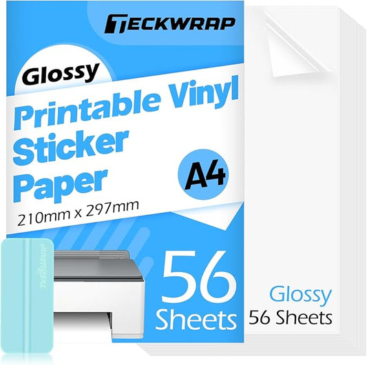 TECKWRAP Printable Vinyl Sticker Paper for Inkjet Printer, Glossy Inkjet Printable Vinyl, 8.26" x 11.69" A4 56 Sheets/Pack Printing Paper for Craft Scrap-Booking, Stickers, Labels