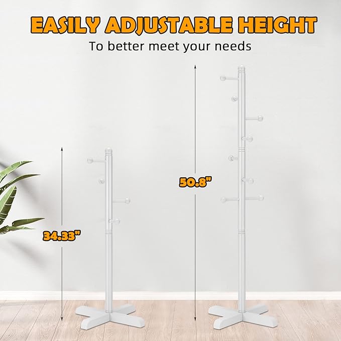 Kids Coat Rack, Freestanding Coat Racks with 8 Hooks 2 Adjustable Height, Tree Coat Rack for Bedroom, Hallway, Entrance, Office, Hats, Handbags,Purse (White)