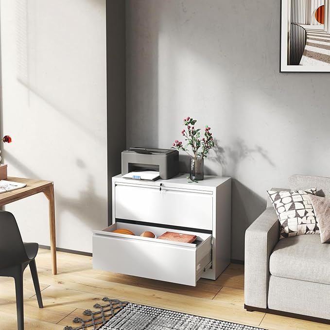 2 Drawer Lateral File Cabinet with Lock, Metal Lateral Filing Cabinet for Home Office, Steel Wide Horizontal Filing Cabinets for Letter/Legal/A4/F4 Hanging Files (White)