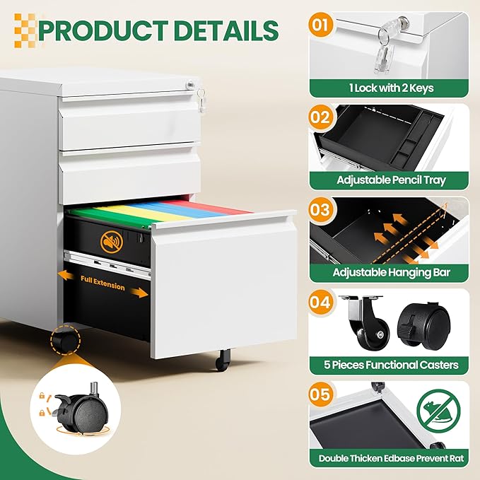 3 Drawer Mobile File Cabinet with Lock,Under Desk Storage Cabinet for Home Office,Vertical Filing Cabinet Fits A4 or Letter Size(Unassembled,White)