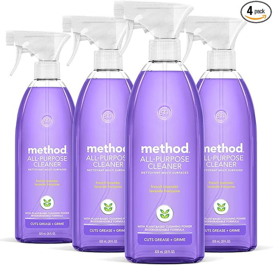 Method All-Purpose Cleaner Spray, French Lavender, Plant-Based and Biodegradable Formula Perfect for Most Counters, Tiles and More, 28 Fl Oz, (Pack of 4)