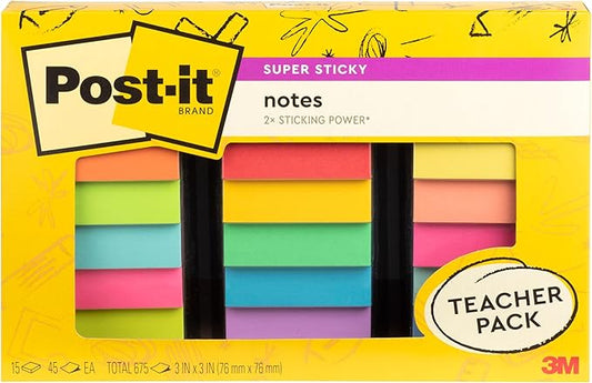 Post-it Super Sticky Notes Teacher Pack, Assorted Colors, 3 in. x 3 in., 15 Pads/Pack, 45 Sheets/Pad (654-15SSBTS-SR)