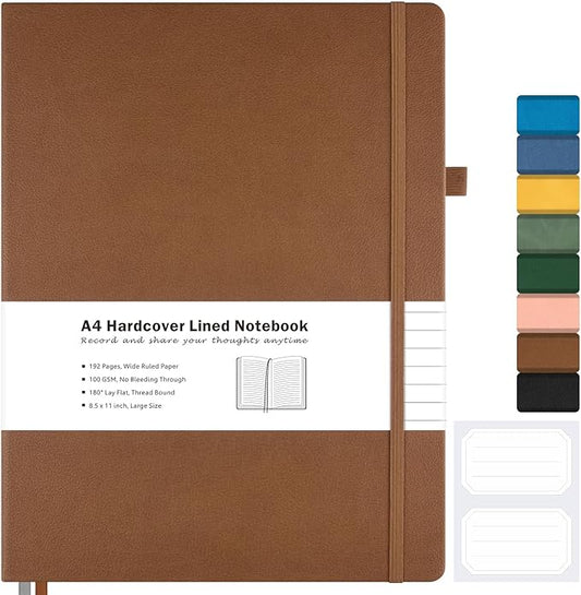 Lined Journal Notebook, 8.5" x 11" Hardcover Leather Notebook for Work, Wide Ruled Notebook Journal for Women Men, 192 Thick Paper, Lay Flat, 2 Pockets, A4 Large Journals for Writing, Brown Notebook