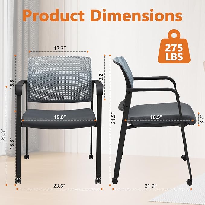 CLATINA Grey Waiting Room Chair with Wheels Mesh Back Stacking Arm Chairs with Upholstered Fabric Seat and Ergonomic Lumbar Support for Office School Church Guest Reception