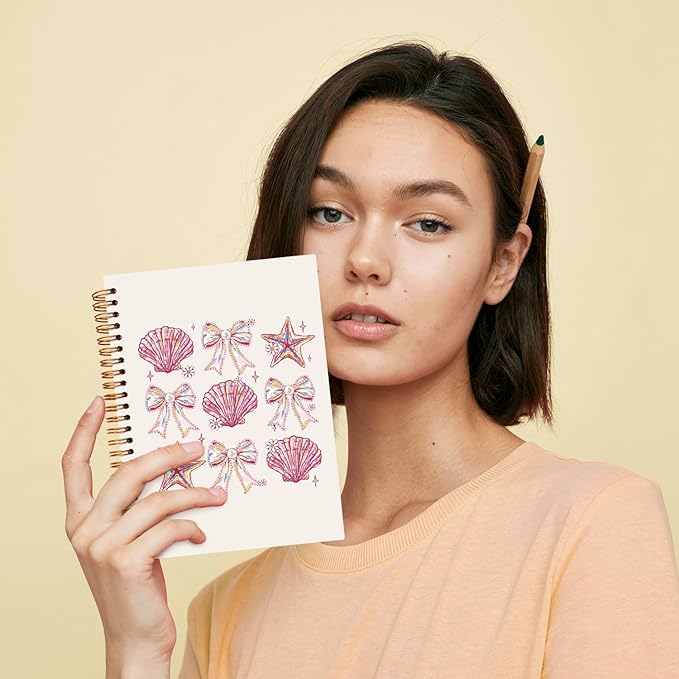 JXREQ Pink Bow Seashell Coquette Notebook Journal Notebook, Trendy Aesthetic Journal for Women, Girly Office Supplies, Coquette Beachy Spiral Notebooks 5.5x8.3