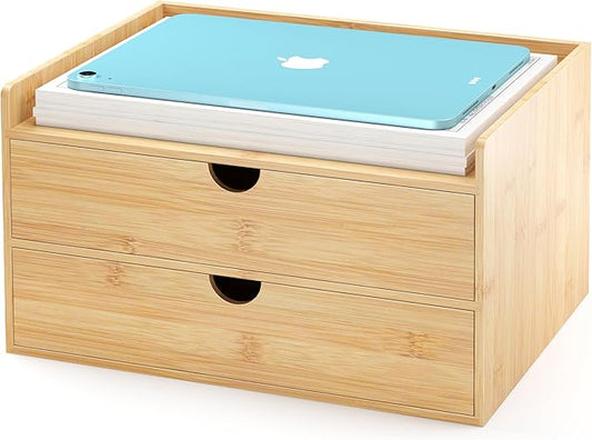 Wisuce Bamboo Desk Drawer Organizer, 2 Drawer Desktop Organizer with Drawers Tabletop Storage Organization Box for Office Home Toiletries Supplies Vanity, No Assembly Required