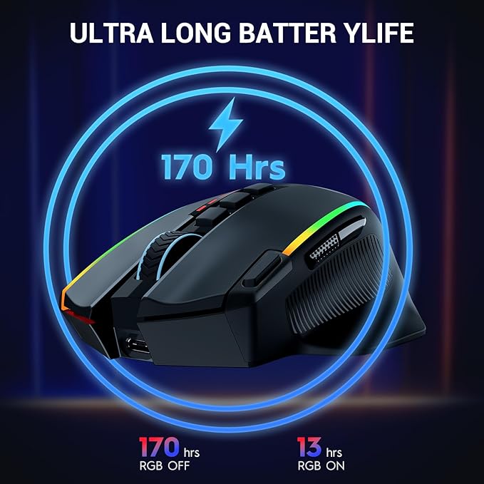 Redragon Wireless Gaming Mouse, Ergonomic Mouse 16000 DPI with Rapid Fire Key, 9 Macro Buttons, 170-Hour Durable Power Capacity and RGB Backlight Wired/Wireless Mouse for Laptop/Mac/PC