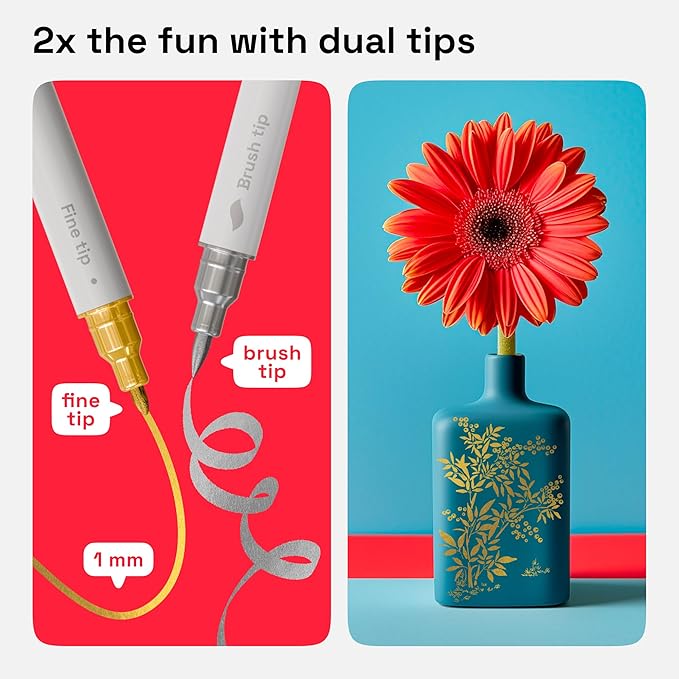 ARTISTRO 2 Silver&Gold Dual-Tip Acrylic Paint Pens - Multisurface Markers for Fabric, Plastic, & More, 1 mm Fine & Brush Tips