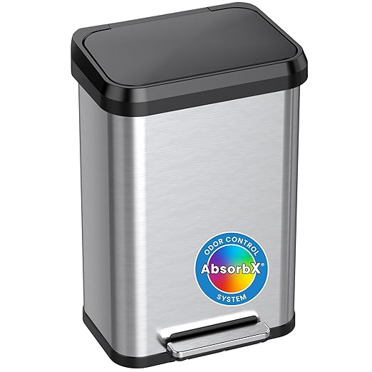iTouchless SoftStep EXP 13.2 Gallon Step Pedal Trash Can Recycling Bin with Odor Filter Stainless Dent-Proof Plastic Lid Garbage Trashcan 50 Liter Home Office Bedroom Living Room Garage Wastebasket