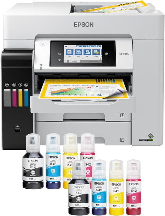 Epson EcoTank Pro ET-5880 Wireless Color All-in-One Supertank Printer with Scanner, Copier, Fax, Ethernet and PCL/Postscript, White