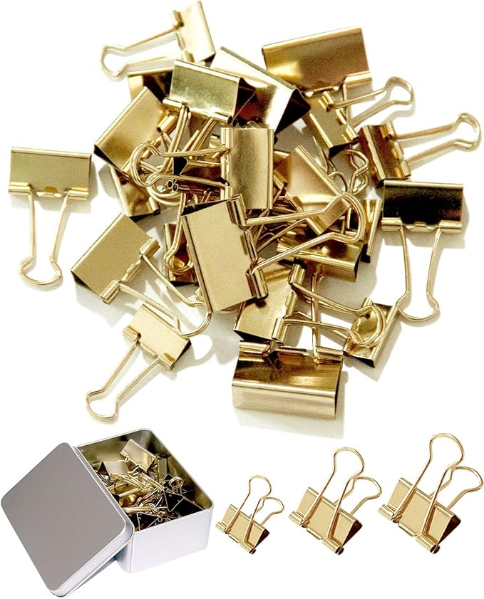 Assorted Binder Clips 0.75/1/1.25in 25-Pack -Gold Tone Clips for Office & Home