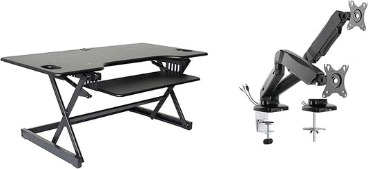 Rocelco 46" Large Height Adjustable Standing Desk Converter with Dual Monitor Mount Arm BUNDLE - Quick Sit Stand Up Computer Workstation Riser - Retractable Keyboard Tray - Black (R DADRB-46-MA2)