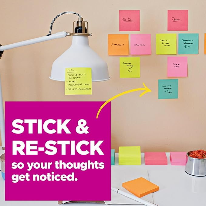 Post-it Super Sticky Notes, Assorted Bright Colors, 3x3 in, 15 Pads/Pack, 45 Sheets/Pad, 2X The Sticking Power, Recyclable, Multi-Color
