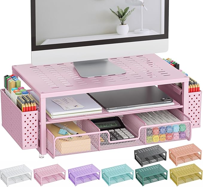 gianotter Desk Organizers and Accessories, Monitor Stand with Drawer and 2 Pen Holder, Desktop Organizer Suitable for Offices and Dormitories (Pink)