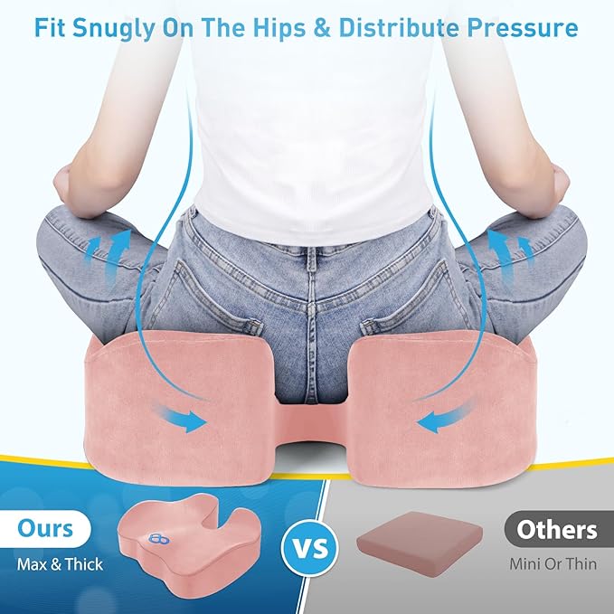 BlissTrends Seat Cushion,5.2in Thick Memory Foam Cushions for Office Chair, Car Seat, Airplane, Relieving Pressure Tailbone Sciatica Back Pain for Long Sitting Office Workers, Car Drivers Pink