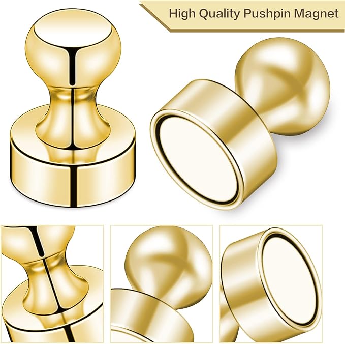 LOVIMAG Refrigerator Magnets, Fridge Magnets, Strong Whiteboard Magnets, Gold 25 Pcs Magnetic Push Pins, Strong Metal Magnets for Fridge, Whiteboard, Office, Classroom, Map, Kitchen