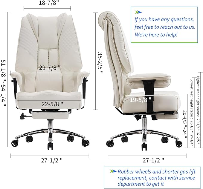 Big and Tall Office Chair 400lbs Wide Seat, Leather High Back Executive Office Chairs with Foot Rest, Ergonomic Lumbar Support for Lower Back Pain Relief (White)