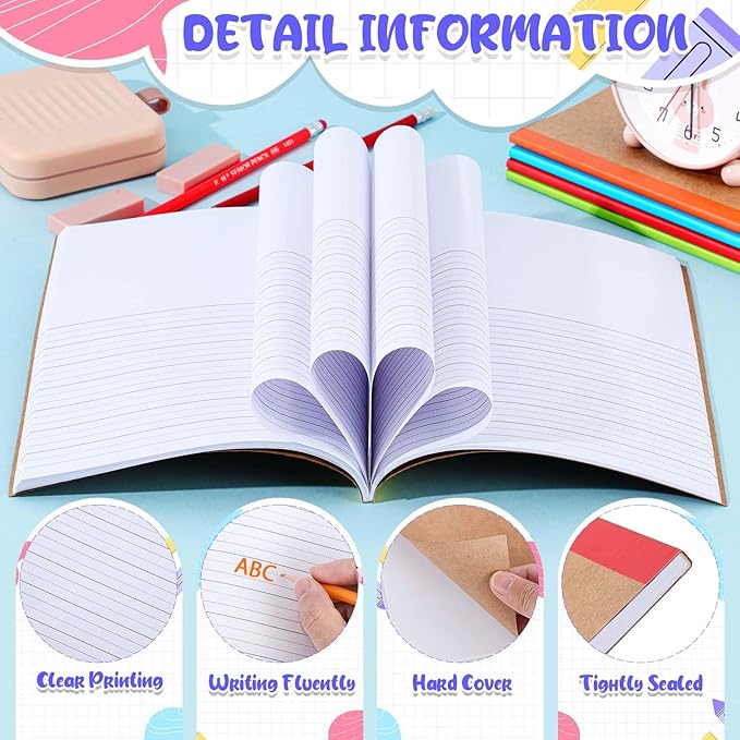 Henoyso 10 Pcs 120 Pages Primary Composition Notebooks K-2, Primary Journal Grades K-2, Writing Journal Practice Notebook for Kids in Preschool, Kindergarten, Back to School Supplies (Rainbow)