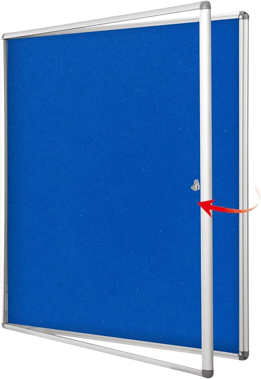 SWANCROWN Pins Bulletin Board Enclosed Lockable Noticeboard Glass Display Case for Home Office School,Blue Fabric,38"x38" (12xA4)