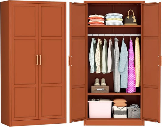 Greenvelly Metal Storage Wardrobe Cabinet, 72" Brown Metal Wardrobe Closet for Hanging Clothes with Doors and Shelves, Modern Steel Clothes Closet for Home, Office and Bedroom, School,Gym