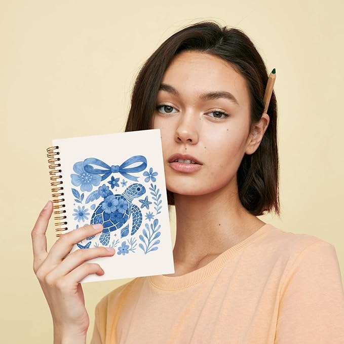 JXREQ Cute Blue Bow Sea Turtle Notebook Floral Journal Notebook for Women Note Taking Office School Supplise, Sea Turtle Gifts Journal for Women Turtles Lovers, Blue Spiral Notebooks 5.5x8.3