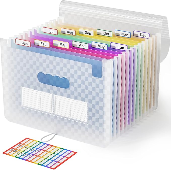 ABC life 12 Pockets Accordion File Organizer Expanding File Folders, Portable Monthly Bill Receipt Document Organizer, Expandable Accordian Filing Folder Letter A4 Size, Colored Tabs (Blue)