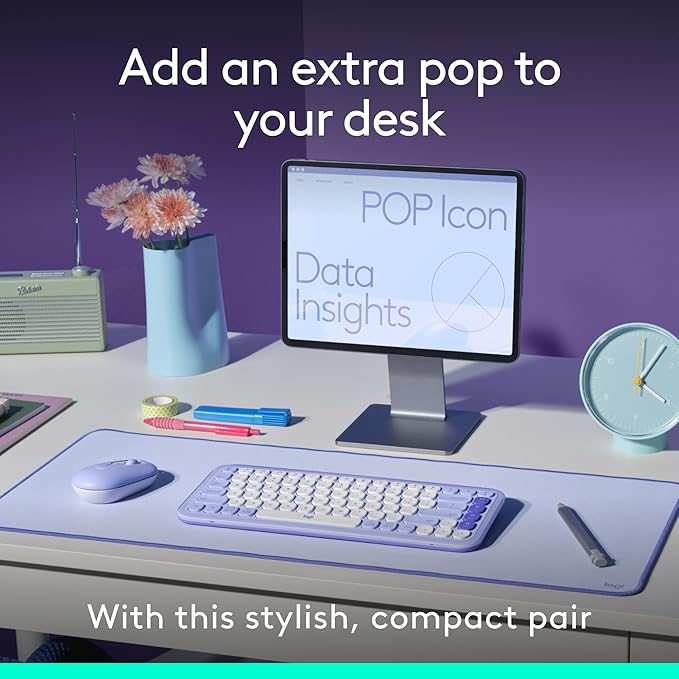 Logitech POP ICON Combo, Bluetooth Keyboard and Mouse Combo, Comfortable Typing, programmable Keys and Buttons, Quiet clicks, Easy-Switch up to 3 Devices - Lilac