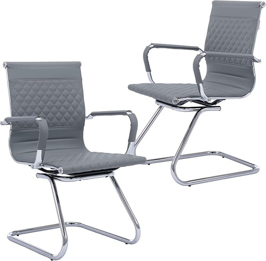 Office Guest Chairs - Set of 2 Modern PU Leather Desk Chairs with Mid Back, Grey