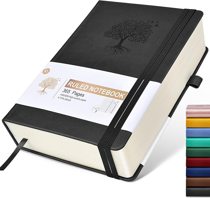 Lined Journal Notebook -365 Pages A5 Thick Journals for Writing Ruled Notebook, Hardcover Leather Journal for Women Men, Daily Journal Notebook for Work, Note Taking, 100Gsm Lined Paper(5.75'' X 8.38'' Black)