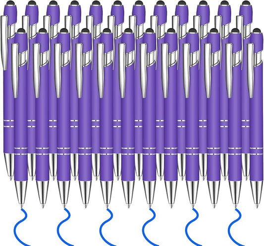 24 Pcs Blue Ink Ballpoint Pen with Stylus Tip 2 in 1 Ballpoint Pen 1.0 mm Blue Ink Metal Stylus Pen for Touch Screens Coworkers, Family, Colleagues, Office (Purple)