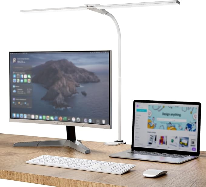 LED Desk Lamp, Double Head Desk Lamps for Home Office, Dimmable 25 Lighting Modes Bright Desk Lighting,12W 1400lm Eye-Caring Architect Table Lamp for Workbench Monitor Reading Study, White