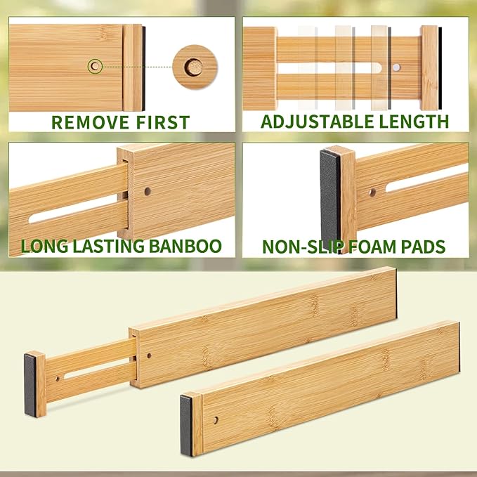 6 pcs Large Bamboo Drawer Dividers, Expandable 17"-22" Wooden Organizers for Kitchen, Office, Dresser, Bedroom, Clothes