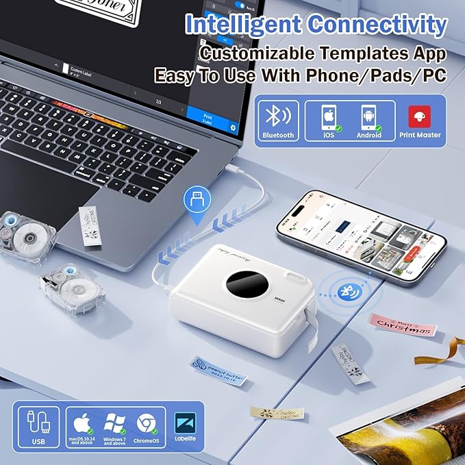 Phomemo A30 Label Maker, Mini Bluetooth Portable Rechargeable Label Maker Machine in/Out Door Use Without Fade Sticker for Home Office Small Business School, Works with Tablet, Phone & PC