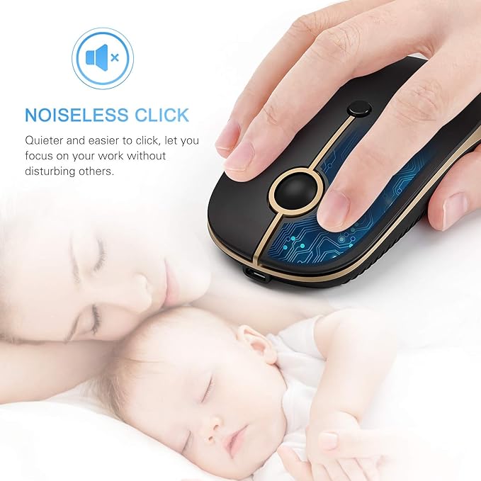 VssoPlor Type C Wireless Mouse USB C Rechargeable Portable Quiet Mouse USB and Type C Receiver Dual Mode Laptop Mouse for PC, Laptop, MacBook, Tablet-Black Gold