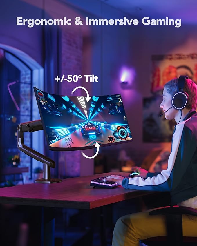 HUANUO Heavy Duty Monitor Arm for Ultrawide Screens up to 49", Holds 40 lbs,Aluminum Ultrawide Screen Desk Mount,Fully Adjustable Single Monitor Mount with C-clamp, Grommet Base, Max VESA 100x100