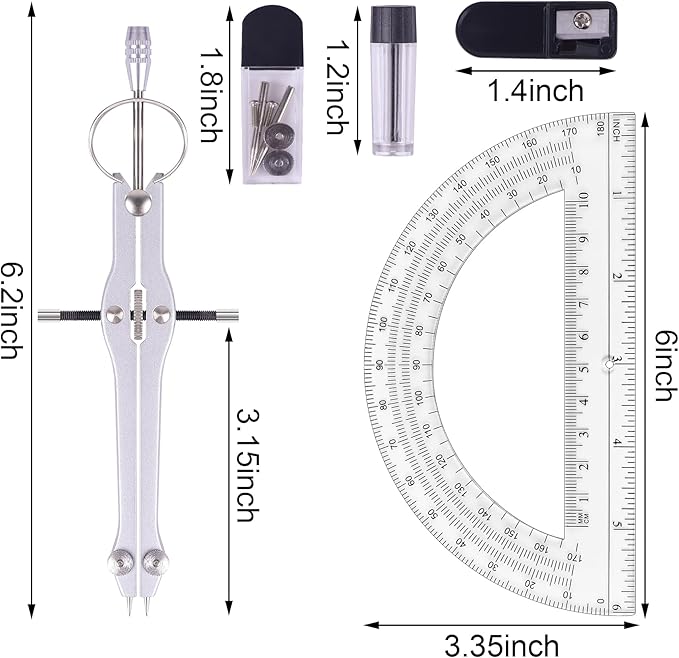 Compass and Protractor Set, Professional Drawing Compass Tool, Metal Compass with Extra Refills, Compass for Geometry and 6 Inch Math Protractors 180 Degree (Black)