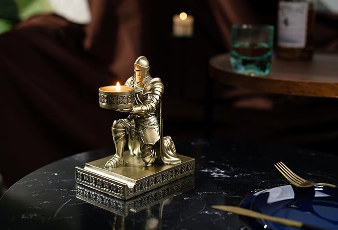 King's Guard Kneeling Knight Candlestick Holders Resin Posture TeaLight Holder Warrior Mobile Phone Stand Pen Holder Candle Holder for Restaurant, Altar, Home Table(Bronze)