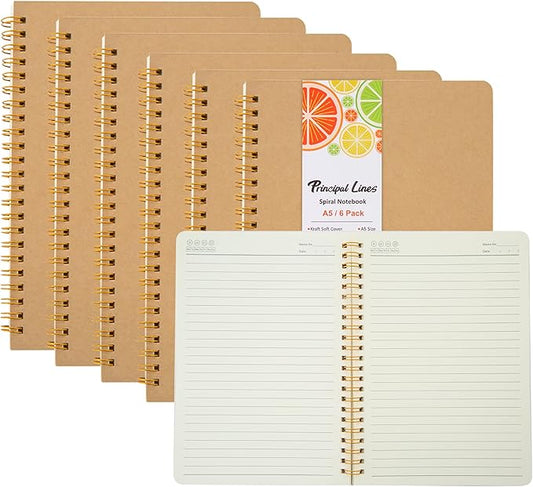 Ruled Spiral Notebook - 6 Pack Lined Notebooks for Work School - A5 Journals Bulk, Soft Cover Travel Journal Spiral for Writing Drawing, 8.2" X 5.8", 60 Sheets/120 Pages