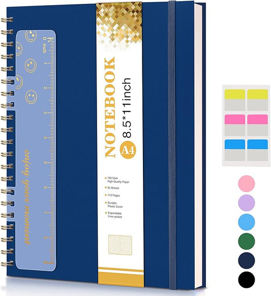 Spiral Notebook Journal 8.5” x 11”, A4 Large Notebooks for Women Men, College Ruled Lined Journal, 100 GSM Paper, Plastic Hardcover Spiral Bound Journals for Work School Note Taking Business, Navy