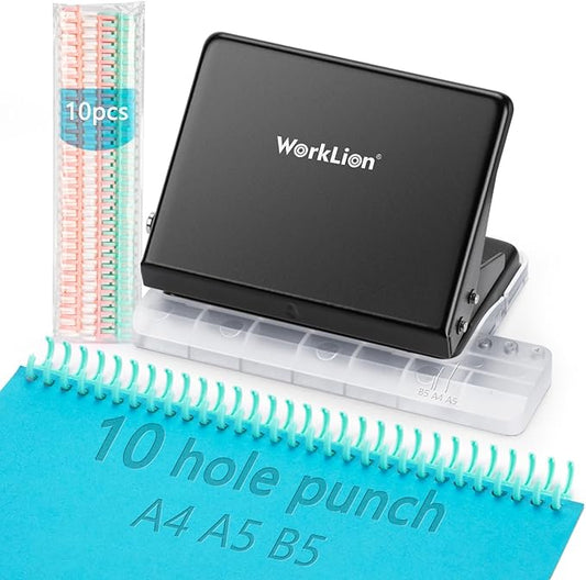 Binding Machine for Planner： WORKLION Metal 10 Hole Punch&Multi Color 30 Hole Loose Leaf Binder Rings(10 pcs) for Making 26 Holes on B5 Paper, 30 Holes on A4, 20 Holes on A5 Book, Black