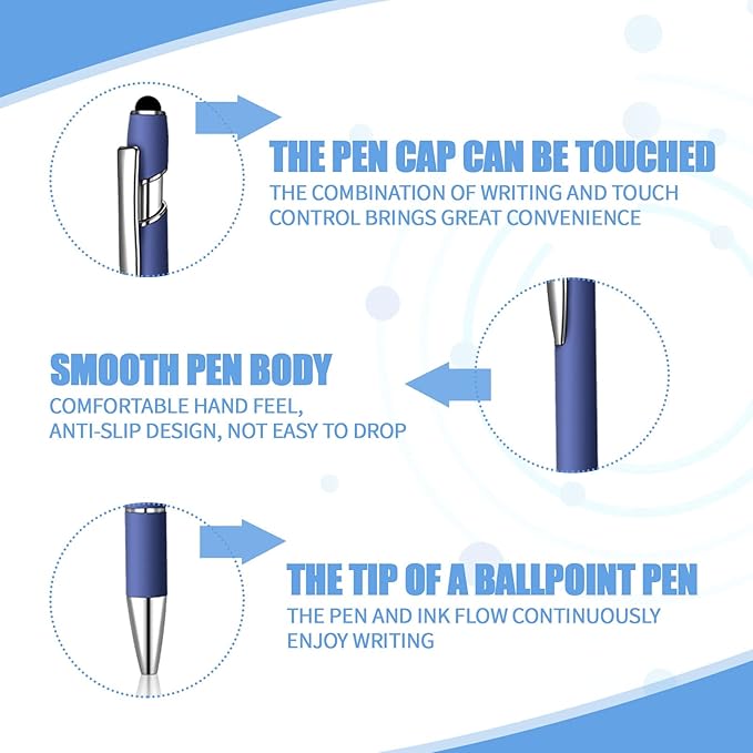 12 Pcs Blue Ink Ballpoint Pen with Stylus Tip, 1.0 mm Metal Pen Stylus Pen for Touch Screens, 2 in 1 Thank You Pen Gift for Friends, Colleagues, Coworker, Office, Family(Blue Black)